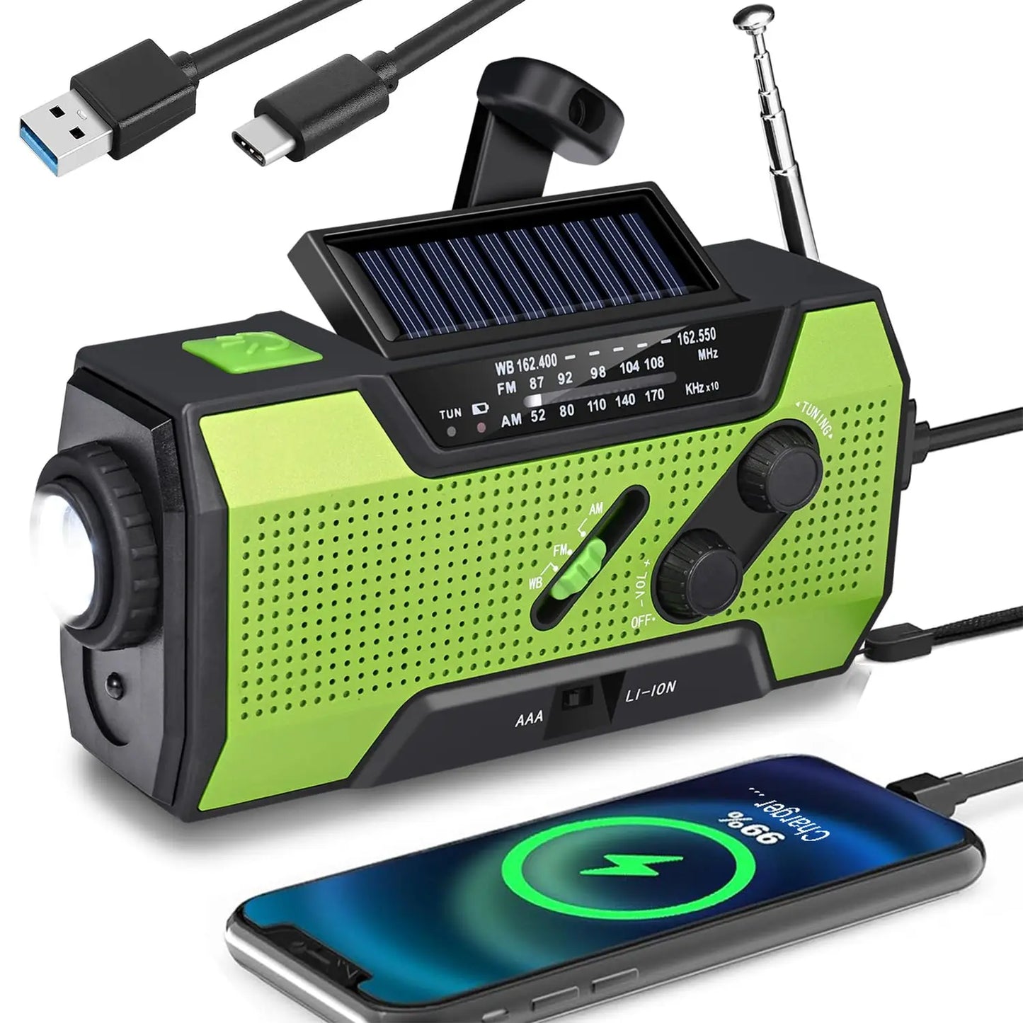 Radio con linterna para emergencias con cargador solar y dinamo
