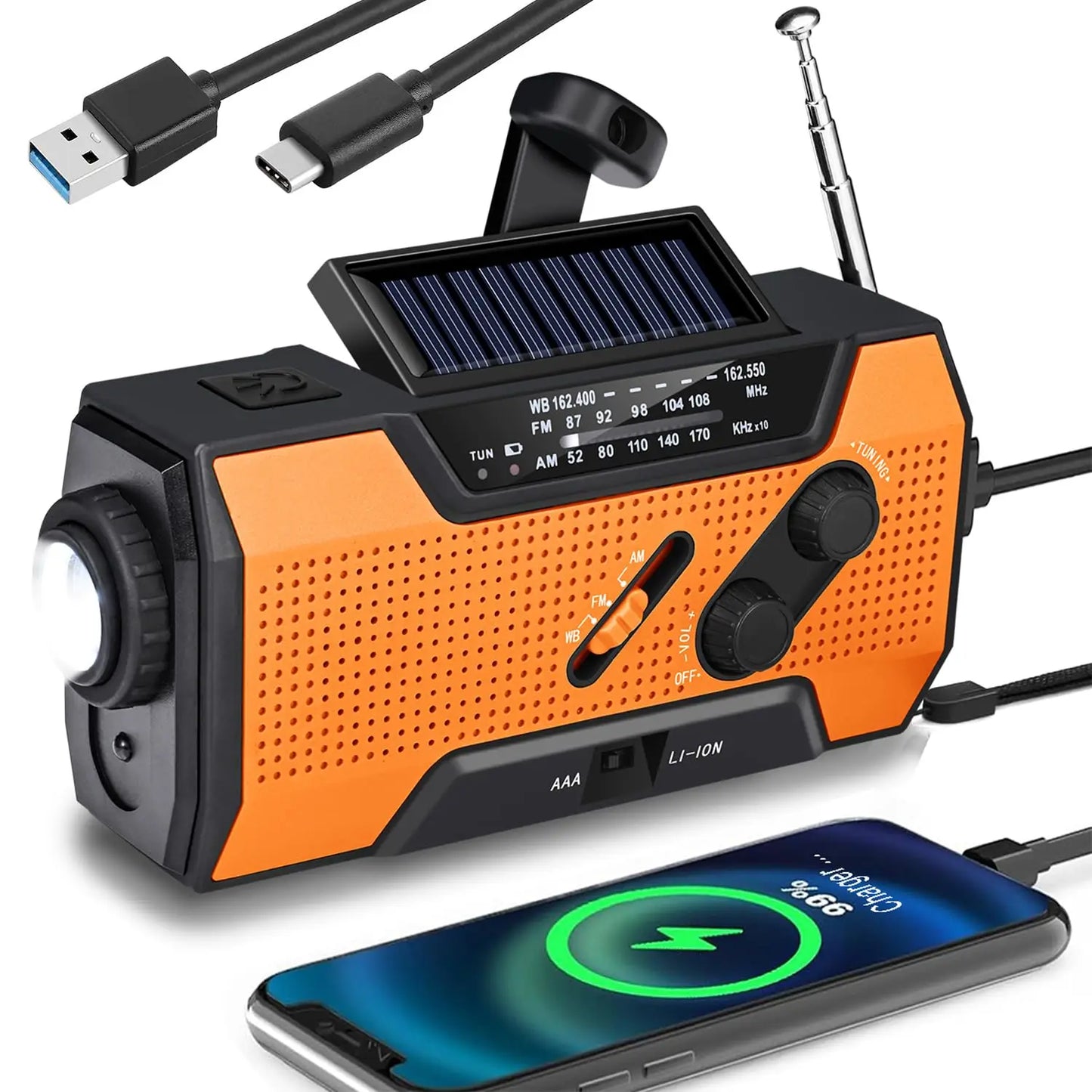 Radio con linterna para emergencias con cargador solar y dinamo