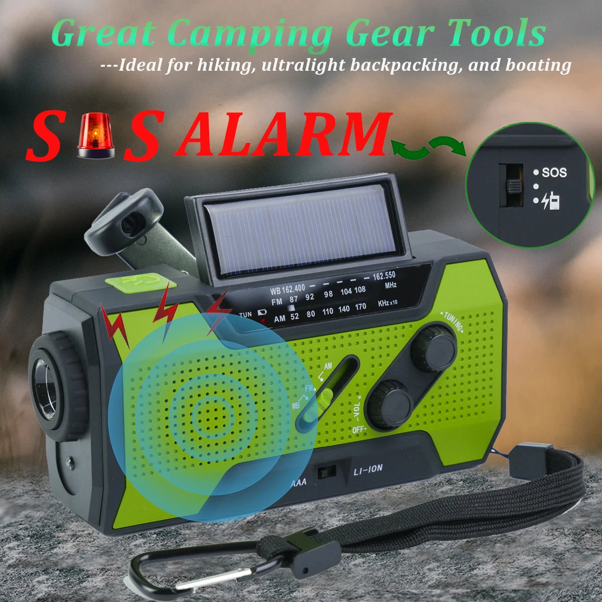 Radio con linterna para emergencias con cargador solar y dinamo